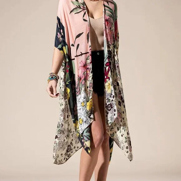 Floral Print Kimono Lightweight Boho Duster Airy Cardigan - Picture 7 of 8
